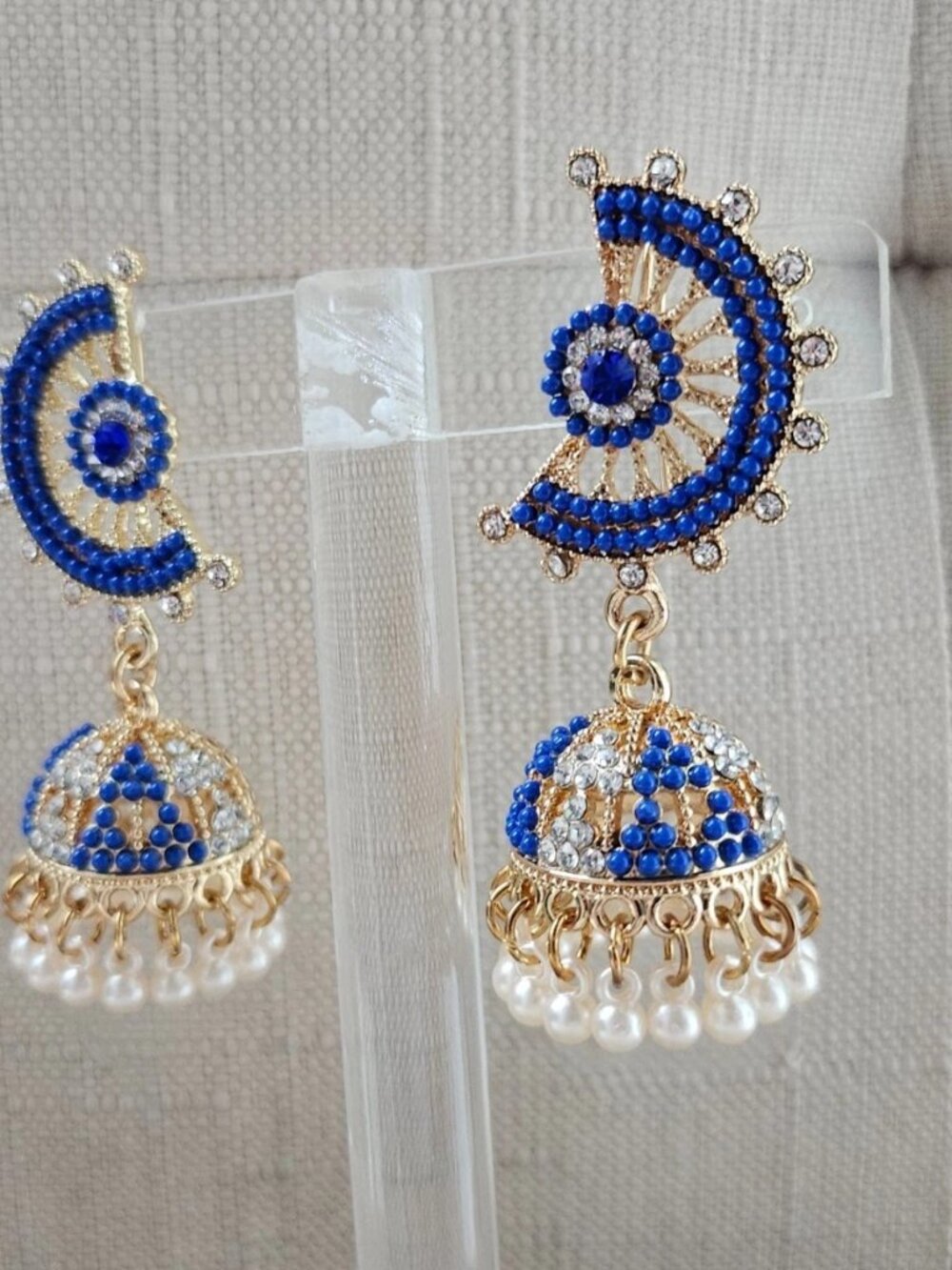 Jhumka Earrings Blue Tone Bead Gold Tone Chandelier High Quality Fashion Jewelry - Picture 7 of 12